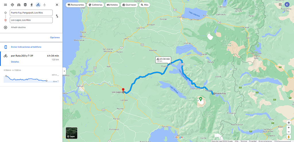 Screen shot of map showing Puerto Fuy – Los Lagos