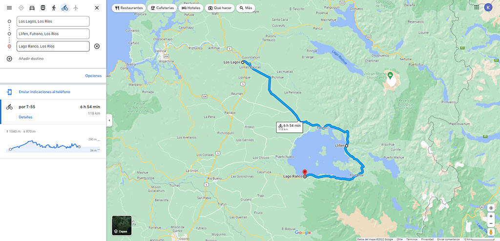 Screen shot of map showing Los Lagos- Llifen- Lagos Ranco