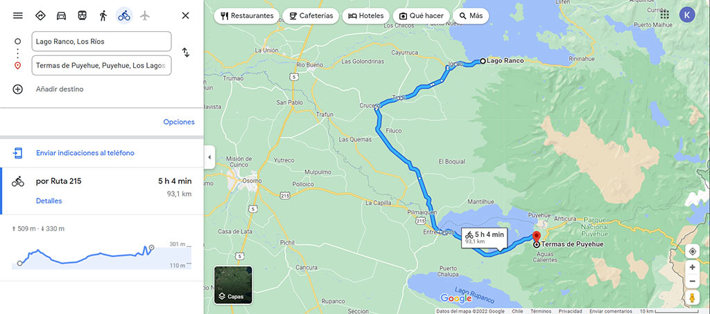 Screen shot of map showing Lago Ranco – Termas de Puyehue