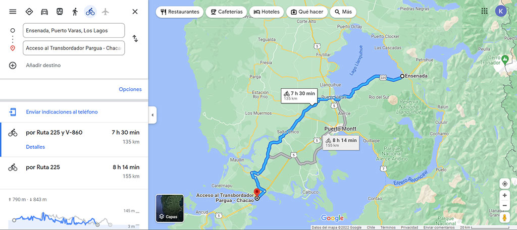 Screen shot of map showing Ensenada, Puerto Varas - Los Lagos pargua transbordador