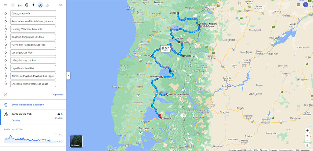 Screen shot of map showing Inter Lakes Bicycle Journey through the South of Chile