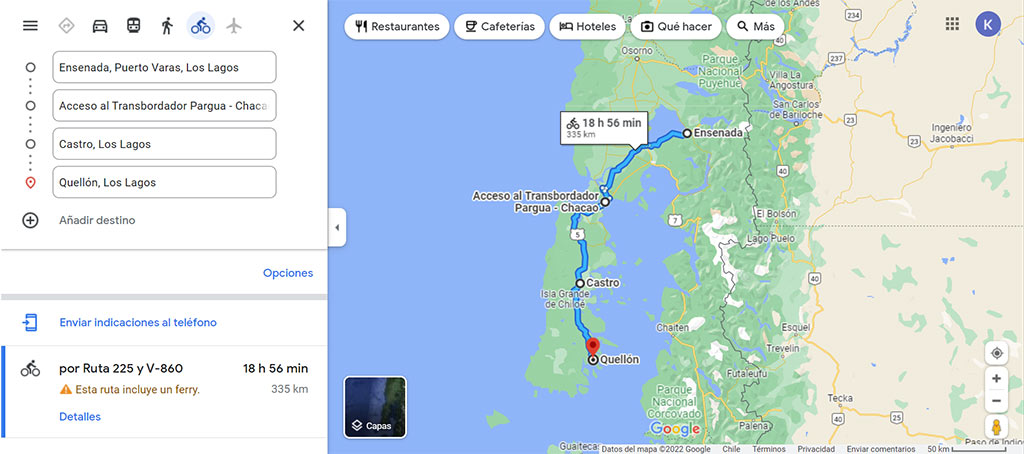 Screen shot of map showing Inter Lakes Bicycle Journey through the South of Chile