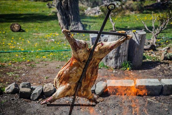 Photo of a chicken being cooked over an open fire