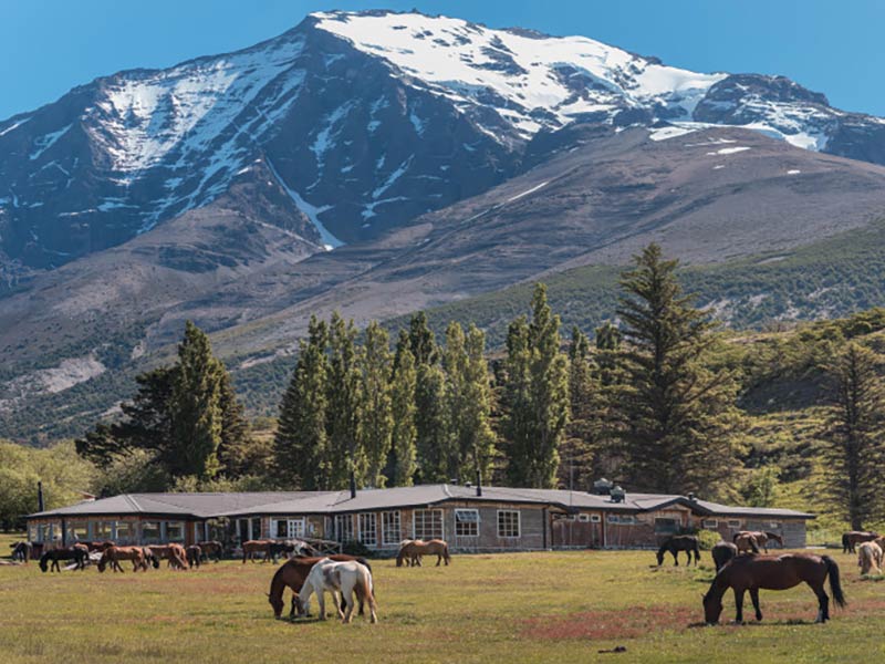 Foto del exterior del Hotel Las Torres con montañas al fondo y caballos en primer plano
